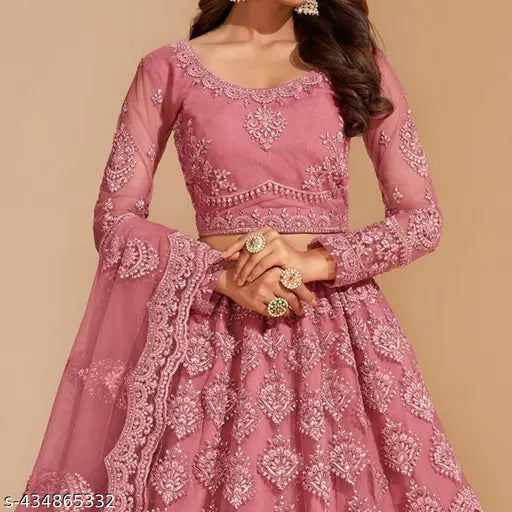 Pink silk blend & net embroidered thread work lehenga with unstitched blouse & dupatta, Indian traditional wear