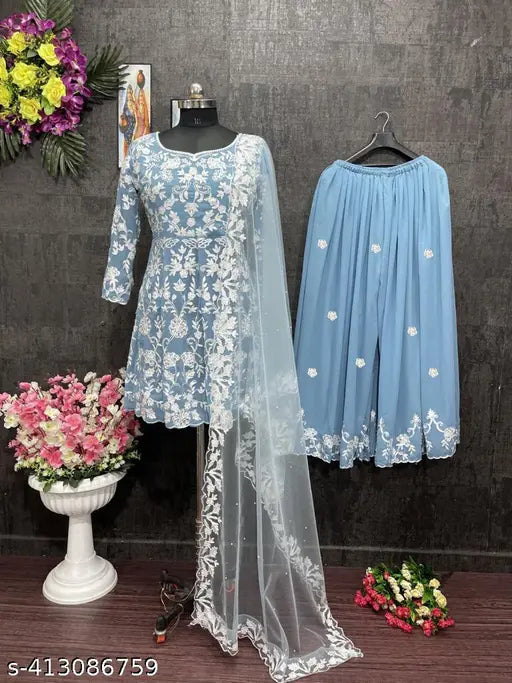 New Designer Georgette Suit - Embroidered net sharara with dupatta and bottomwear, free size, three-quarter sleeves