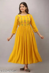 Mustard Rayon Anarkali Kurti, flared and stylish with three-quarter sleeves, festive season special, easy wash, India origin