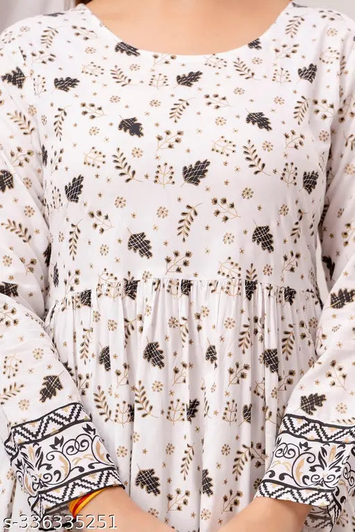 Lightweight rayon Jaipuri white Anarkali latest kurti, printed combo, long sleeves, casual wear