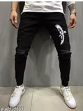Black denim men's eagle printed jeans, solid pattern, straight fit