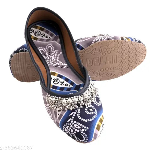Handcrafted Quikni ethnic jutis for women, printed textile and PVC sole, comfortable handmade footwear for a fashionable look, designed in India, size IND-3 to IND-10
