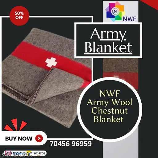 Brown and white wool Swiss Army blanket with red stripe and cross, perfect for emergencies or home use, 60 x 80 inches, made in India