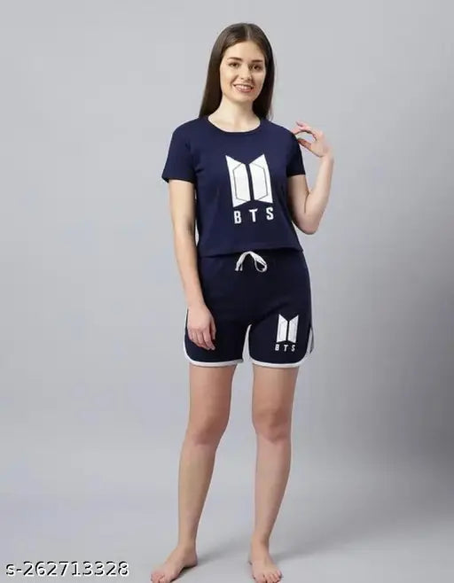 Navy Blue Color BTS Night Suit - Printed cotton blend t-shirt and short set for men, featuring short sleeves and a fun design