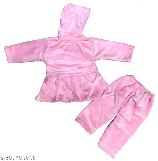 Wool winter wear girls frock suit, solid pattern for newborn to 1-year infants, made in India