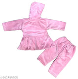 Wool winter wear girls frock suit, solid pattern for newborn to 1-year infants, made in India