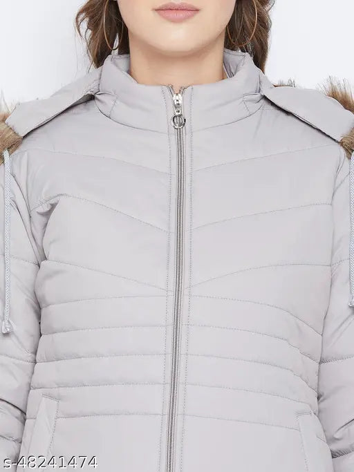 Grey polyester women's parka jacket, solid pattern, Vero Amore brand, quilted with high-quality polyfill, detachable faux fur hood, 3 pockets