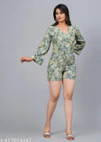 Green rayon short jumpsuit with three-quarter sleeves and printed net pattern. Quality fabric, size M (bust 38in, length 36in, waist 28in). Made in India