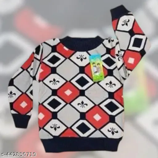 Soft woolen baby sweater, handmade in vibrant red and blue argyle pattern, ideal for toddlers (0-3 years)