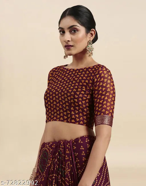 Maroon chiffon printed saree with separate blouse, Indian traditional wear