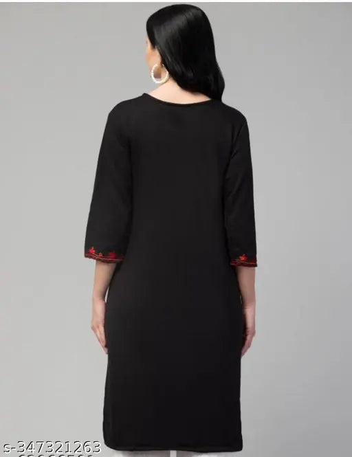Woolen three-quarter sleeve kurti, solid design, India origin - comfortable winter fashion for M (40in bust, 52in length), L (42in bust, 52in length), XL (44in bust, 52in length)