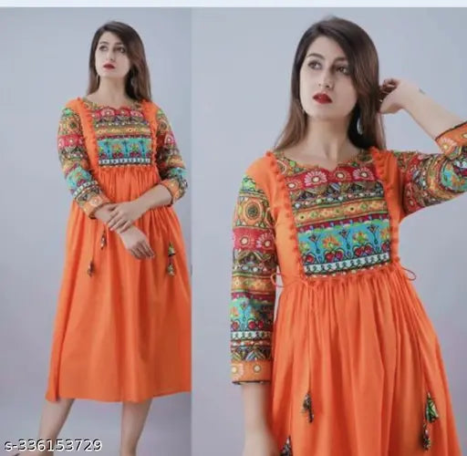 Rayon A-line printed Anarkali Kurta with embroidered pattern, three-quarter sleeves for women's festive wear, India origin