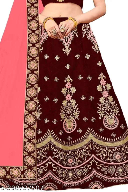 Embroidered satin lehenga choli with net dupatta, short sleeves, for children aged 2-15 years, Indian traditional wear