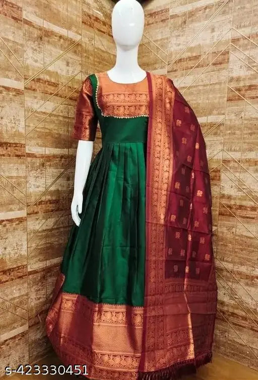 Art silk Guan set, Zari woven with intricate patterns, woman's festive gown in new collection for 2024. Made from Indian Kanchipuram Jacquard Banarasi fabric