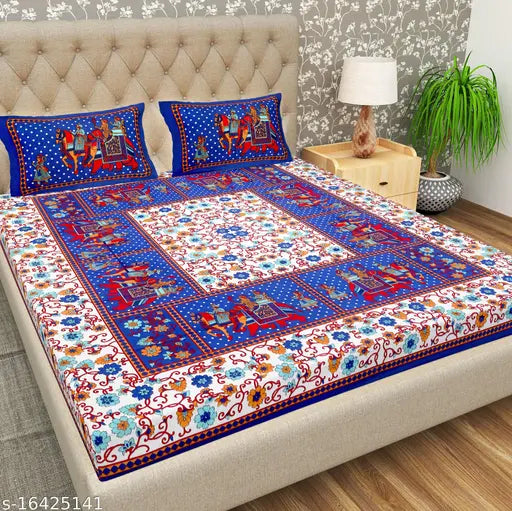 Blue Gangor Jaipuri Print Cotton Double Bed Sheet & Pillow Covers - Indian traditional floral design on superfine cotton
