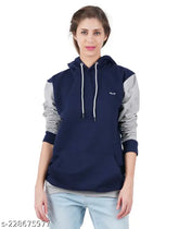 Navy cotton women's full-sleeve sweatshirt with kangaroo pocket, solid design for winter wear