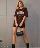 Brown oversize cotton blend t-shirt for girls and women, printed net pattern, short sleeves, stylish and oversized, size N (S: 36in bust, 27in length; M: 38in bust, 28in length; L: 40in bust, 29in length; XL: 42in bust, 30in length; XXL: 44in bust, 31in length), Made in India