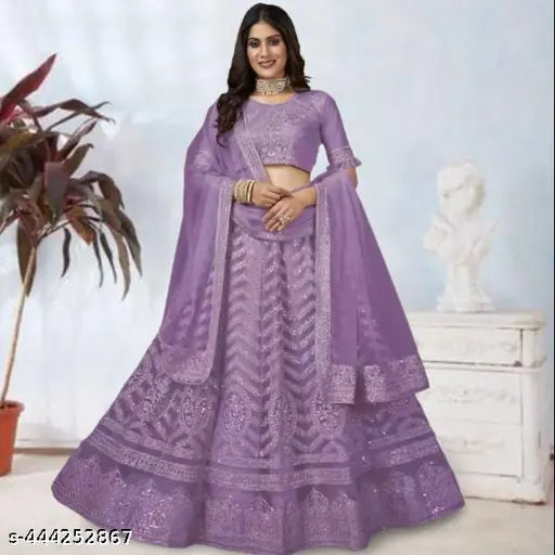 Embroidered net Legha Choli and dupatta set, semi-stitched (42in waist, 44in length), Indian origin