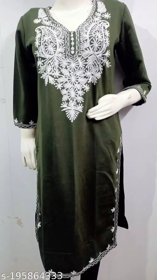 Olive green & white embroidered wool kurti, trendy women's fashion wear with three-quarter sleeves