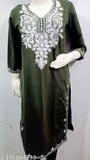 Olive green & white embroidered wool kurti, trendy women's fashion wear with three-quarter sleeves