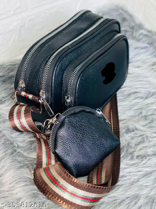 Attractive Black PU Sling Bag for Women and Girls, 4 compartments, textured net pattern, medium size, party wear or casual use