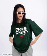 Bottle green oversized cotton t-shirt with three-quarter sleeves and printed net pattern, sustainable biowash fabric - India