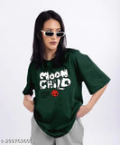 Bottle green oversized cotton t-shirt with three-quarter sleeves and printed net pattern, sustainable biowash fabric - India