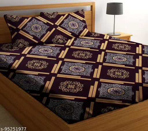 Brown, breathable & wrinkle-free glace cotton double bedsheets set (3 pcs) - easy care & all-season comfort for summer