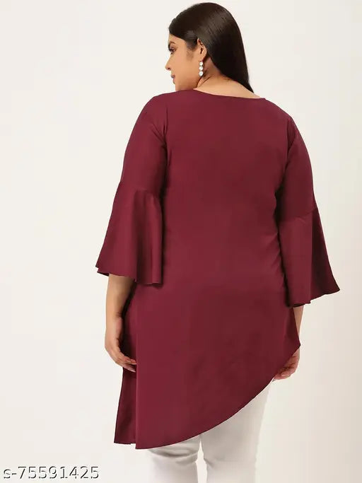Burgundy poly crepe plus size women's longline layered top with v-slit detail and three-quarter sleeves