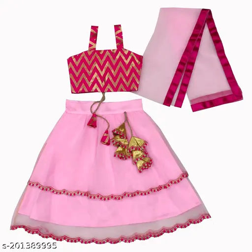 Sleeveless embroidered lehenga dresses in satin and net with mirror work, sizes 12-8 years, Indian origin