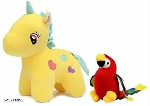 Fiber net unisex soft toys: Red parrot & yellow unicorn (India), free size (L: 3in, W: 2in, H: 2in)