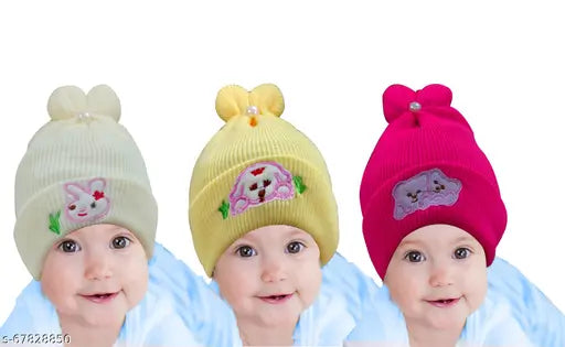 Multicolor wool beanie cap pack (3pcs) - Newborn, toddler kids caps for boys & girls, Indian self-design, soft printed, high-quality winter care