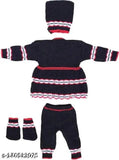 Woolen newborn frock set with cap and socks in printed design, ideal for winter wear, made in India