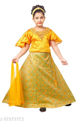 Yellow cotton blend Lahanga Choli set with embroidered top and crepe dupatta, traditional Indian outfit for kids aged 2-5 years