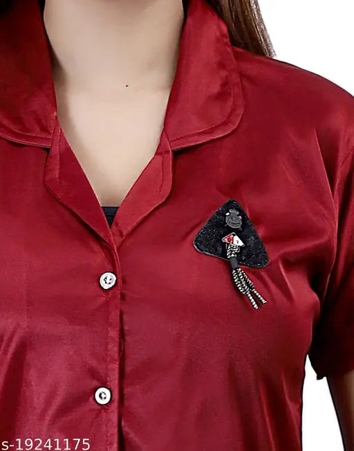 Maroon satin Ansh Collection nightsuit with notch collar, includes shirt & pyjama set - luxurious sleepwear for women