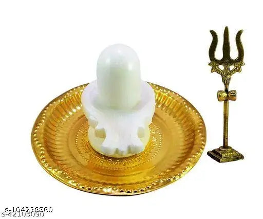 White Marble Shiva Lingam Set with Brass Pooja Plate, 16x16x18 cm Gold, Indian decorative showpiece for Shivling puja thali and Abhishek Lota Kalash