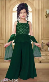 Green Georgette Kids Fancy Kurta Set with Embellished sleeves and Palazzo bottoms, on display