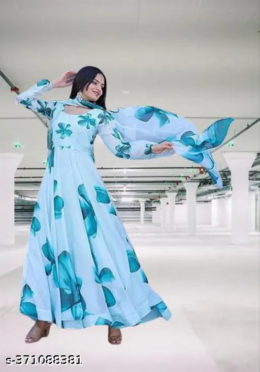 Sky Blue Georgette Print Gown for Women, high-quality Indian anarkali dress with long sleeves and dupatta set, perfect for weddings or parties