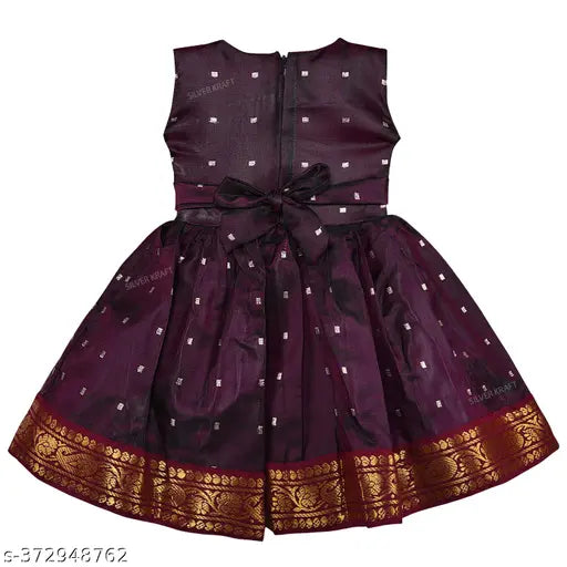 Maroon satin embroidered party dress for girls (3-6M, 6-9M, 9-12M, 1-2Y, 2-3Y, 3-4Y, 4-5Y, 5-6Y), featuring intricate embroidery, sleeveless design, and matching satin belt. Ideal for special occasions. Made in India