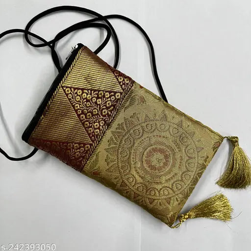 Handmade fabric embellished mobile and coin bags, Indian Banarasi design for accessory storage