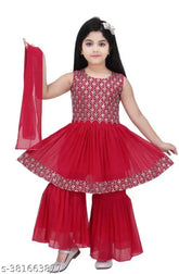 Embroidered Georgette sharara set for 8-9 year-olds, traditional Indian attire featuring top, dupatta, and bottomwear