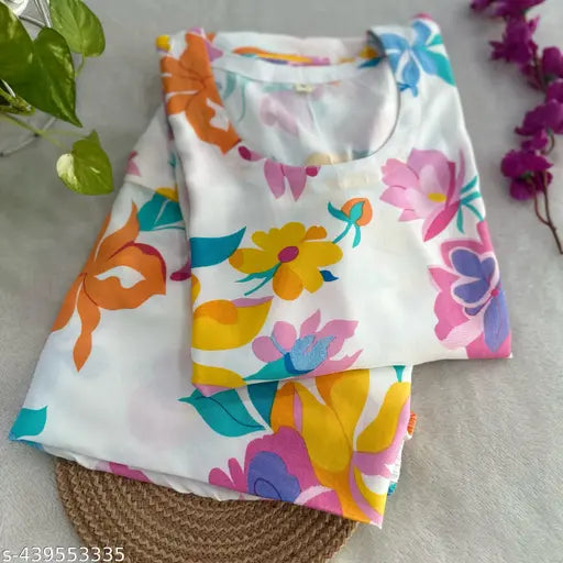 Rayon printed kurta and palazzos set - Fashionable women's three-quarter sleeve outfit, single size available, Indian origin