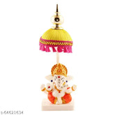 Marble & Polyresin Mukut Ganesh Idol with Fabric Chatri Stand - Elegant car dashboard, office, study room decor, perfect for divine gifting and creating a sacred atmosphere