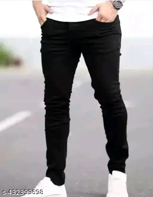 Trendy black denim men's regular fit jeans with five-pocket design, ideal for modern wardrobes, affordable price point, machine washable. (125 characters)