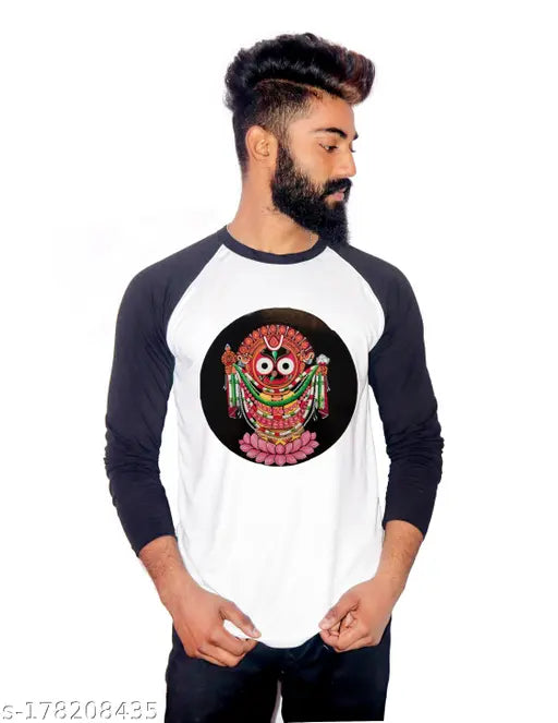 Polyester round neck tee, printed with Shri Jagannath design, long sleeves, size N (S-Chest 36in, Length 26in), Indian made