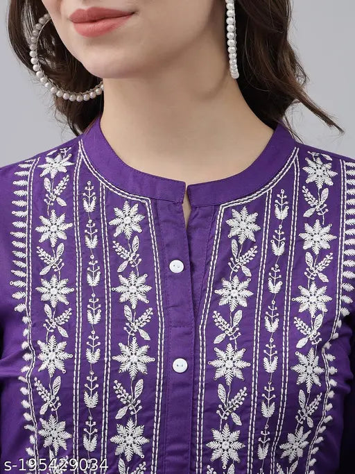 Purple Rayon Chikan Embroidery Frock Kurti with three-quarter sleeves. Traditional Anarkali winter style, trendy and comfortable for functions, festivals, parties, or weddings