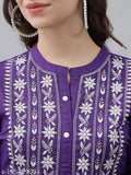 Purple Rayon Chikan Embroidery Frock Kurti with three-quarter sleeves. Traditional Anarkali winter style, trendy and comfortable for functions, festivals, parties, or weddings