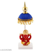 Marble Ganjesha ji on sitting position with blue Chhatri, yellow chhalar - Indian handcrafted red marble Ganesh Idol (2.5"L x 7"H x 1"B)