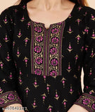 Rayon printed black Anarkali kurti, three-quarter sleeves, trendy design on display for women's fashion