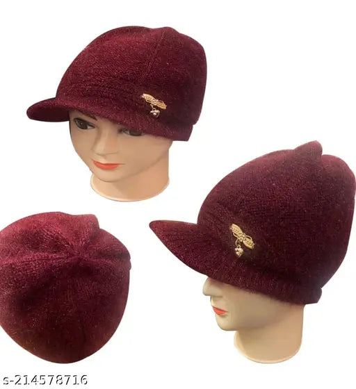 Stylish wool beanie hat for girls, self-design with fur lining, youthful and fashionable winter accessory